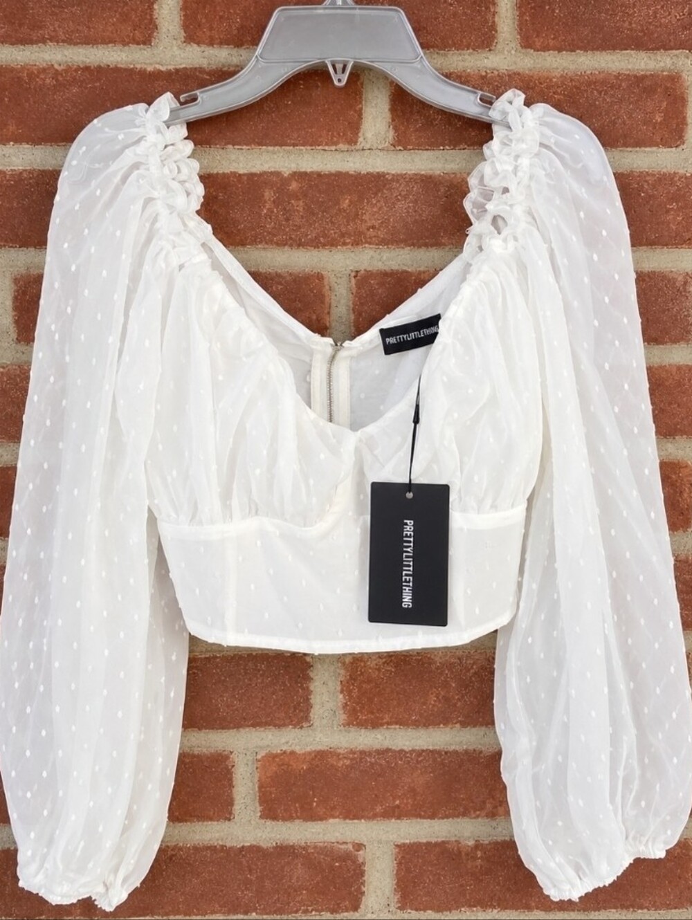 PrettyLittleThing White Swiss Dot Puff Sleeve Crop Top NWT US 8